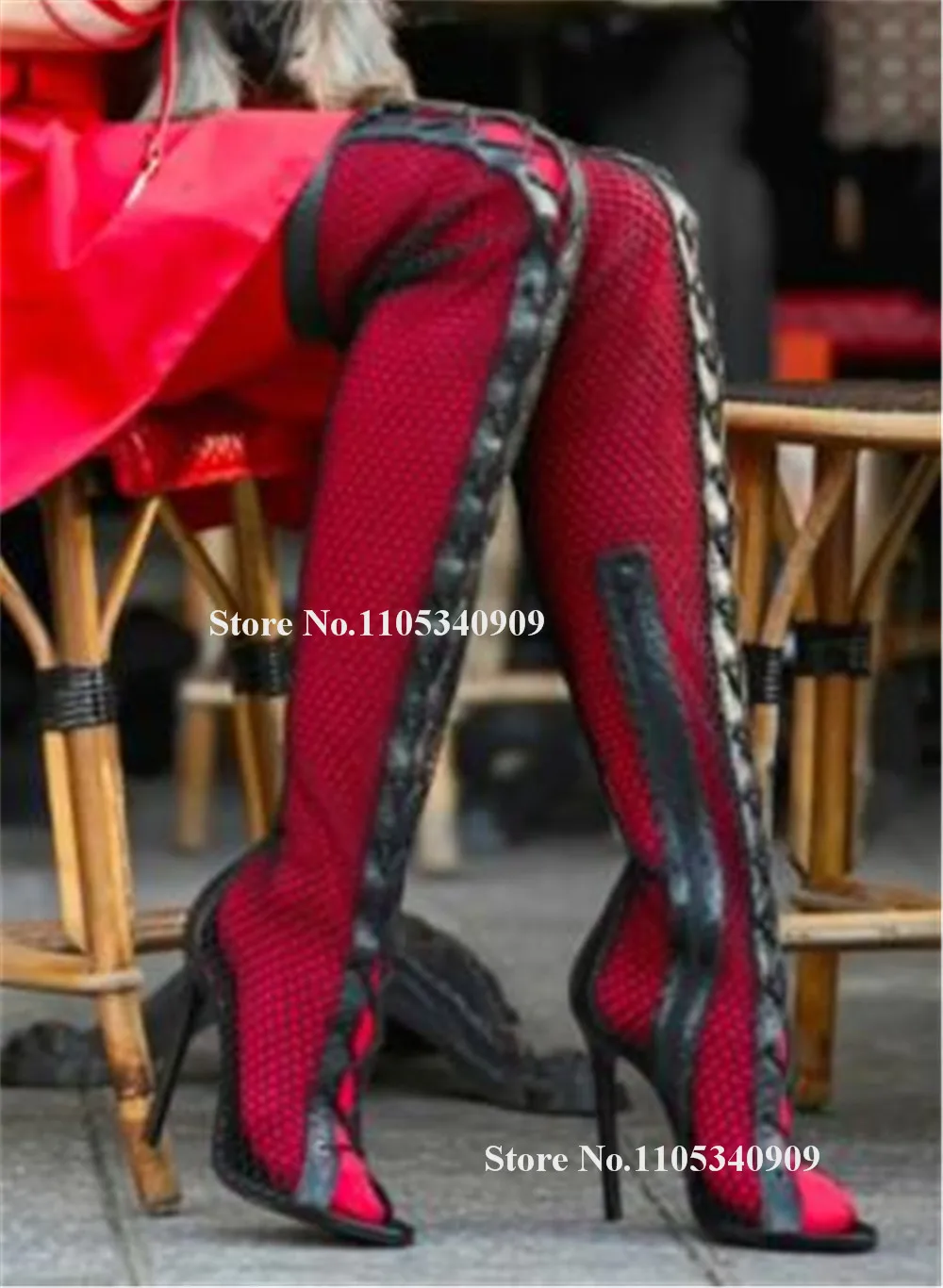 Bondarenko Sexy Black Pink Mesh Stiletto Heel Long Dance Shoes Peep Toe Lace-up Over Knee Thin Heel Party Sandal Boots