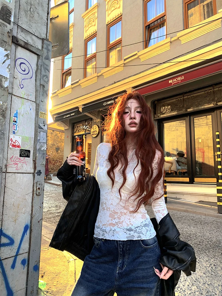 Seeslim Hotsweet Hollow Out Lace T-shirt Woman Clothes Long Sleeve Japan Style 2000s Clothes Y2k Sexy V Neck Tees Female Chic