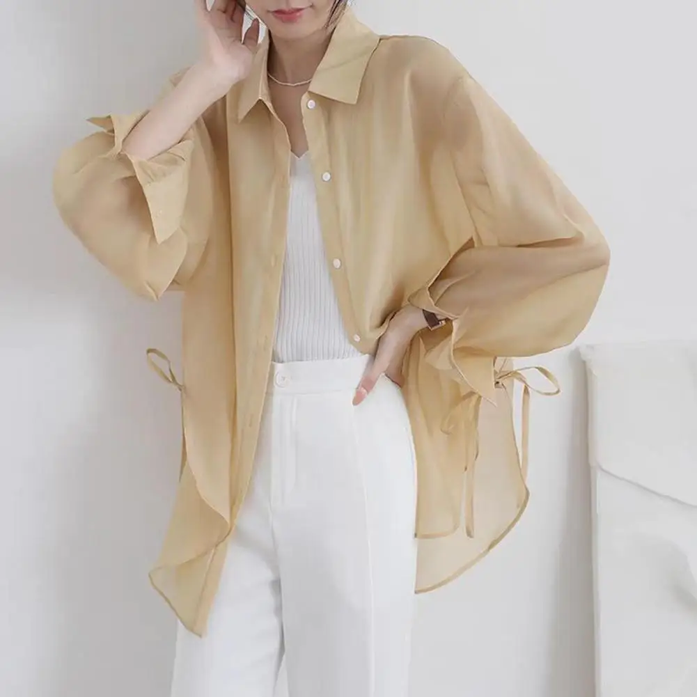 Summer Women Shirt Thin Sunscreen Anti-UV Cooling Solid Color Lapel Lace-up Strap Long Sleeve Shirt Lady Office Top Blouse 블라우스