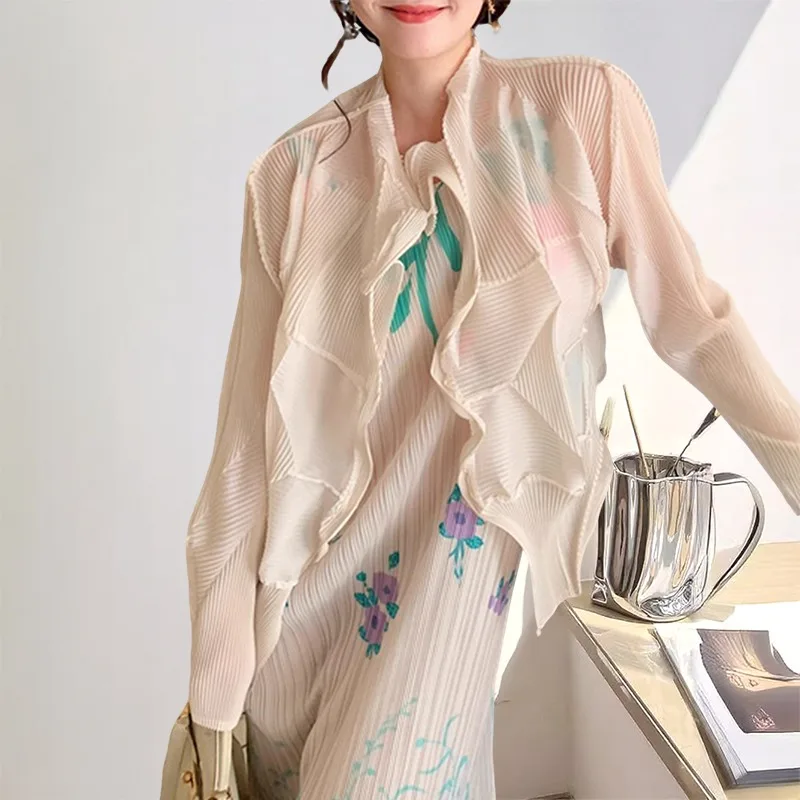 

Miyake Shirt Tops Women's Jackets Cardigan Irregular Pleated Sun Shirt Women's Peplum Air Conditioner Shirt Women Outerwears