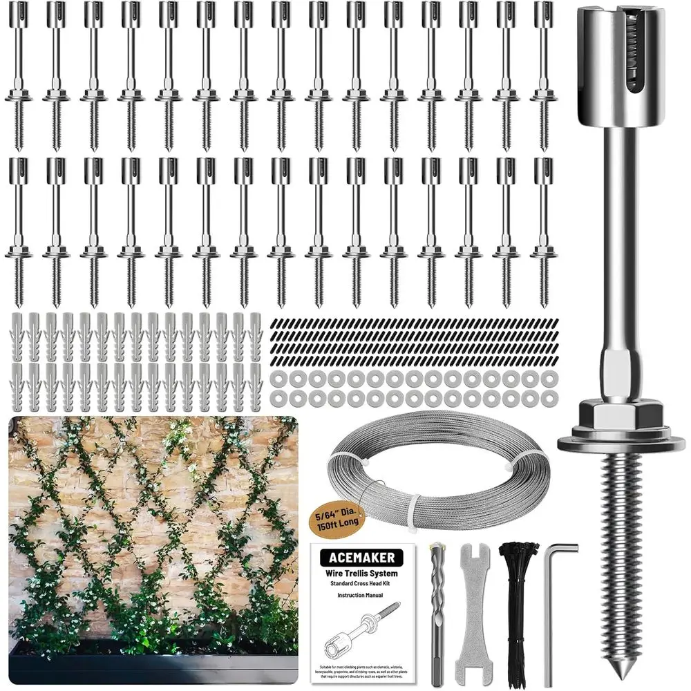 

Wire Trellis or ClimPlants Outdoor, 30-Set Wall Wire Trellis Kit with 5/64"(2mm) x 150t StainlSteel Cable, T316 Espalier System
