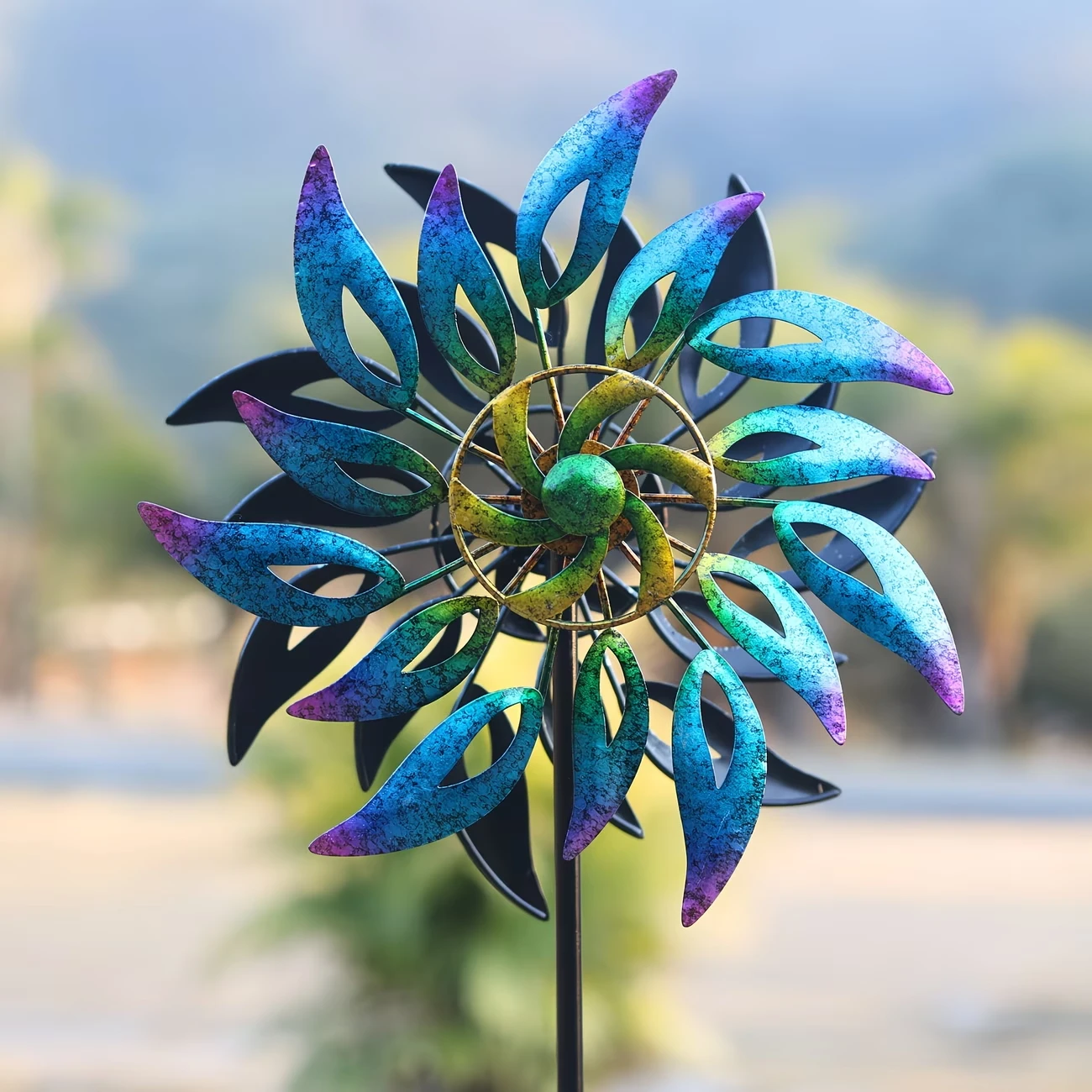 Blue-to-Purple Gradient Cutout Leaf Double-Layer Windmill， Rotating Garden Stake Ornament for Outdoor Gardens and Yards, Gift