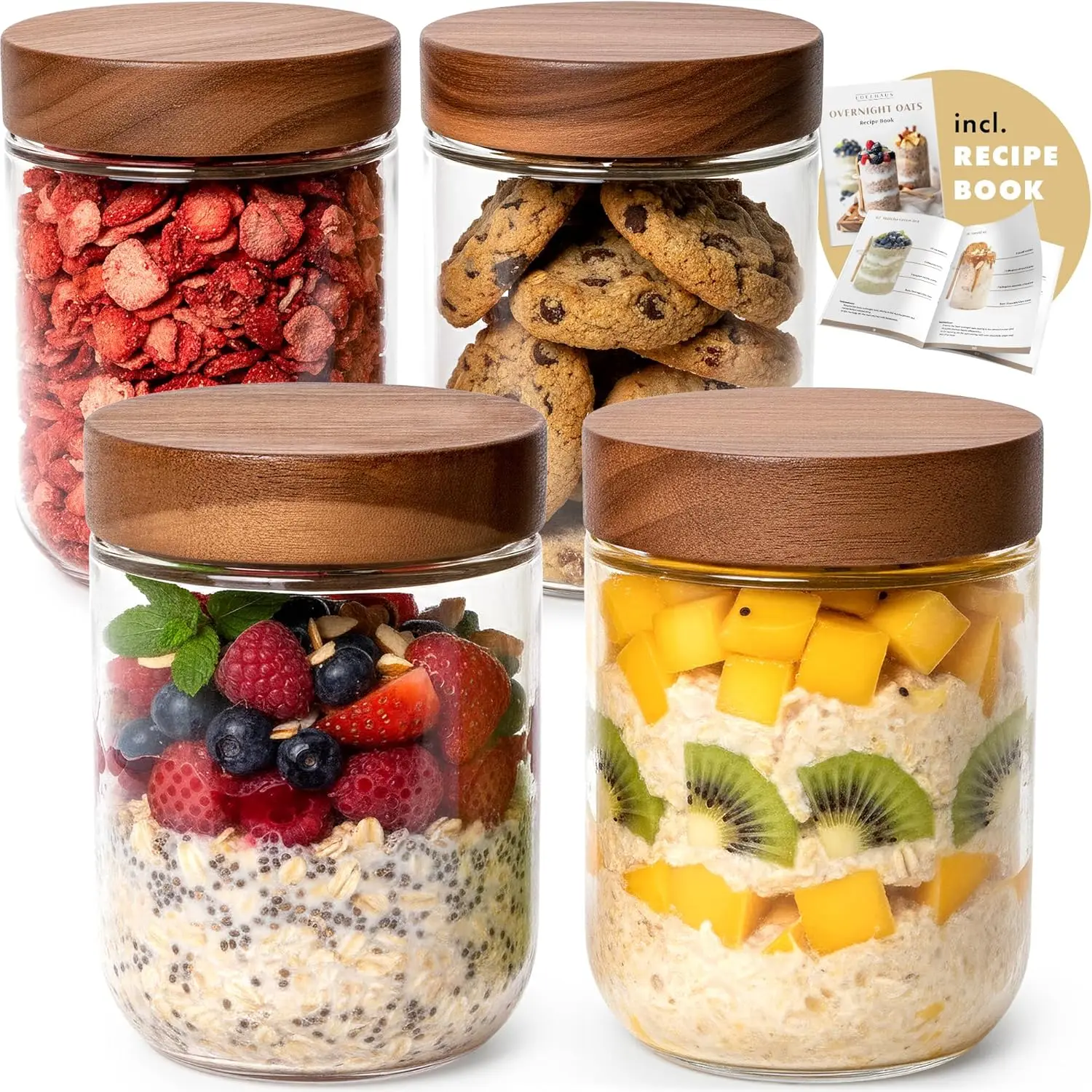 Overnight Oats Containers with Lids Acacia (4 x 16oz) Glass Jars for Oatmeal, Meal Prep, Food Storage | Leak-Proof    Jars fo