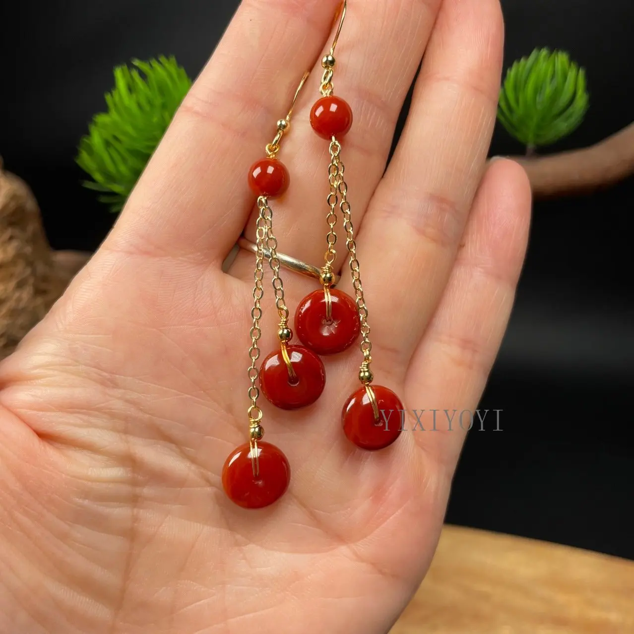 Natural Red Harmony Agate Jade Chain Dangle Design Long Hook Earring Ancient Style Drop Earrings for women Trendy Jewelry