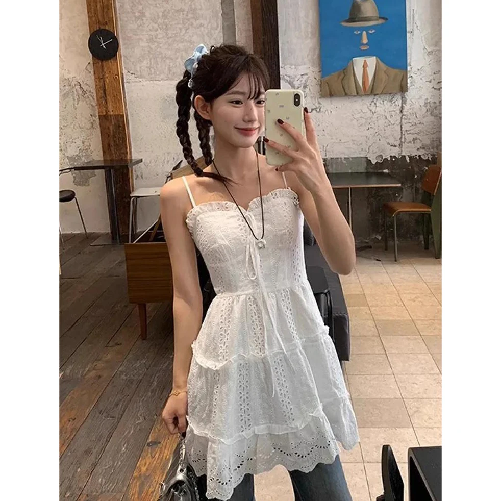 Lolita Women Slip Dress Summer Sleeveless V-neck Lace Up Ruffles White Sundress Female Sweet Slim Beach Dresses vestido E306