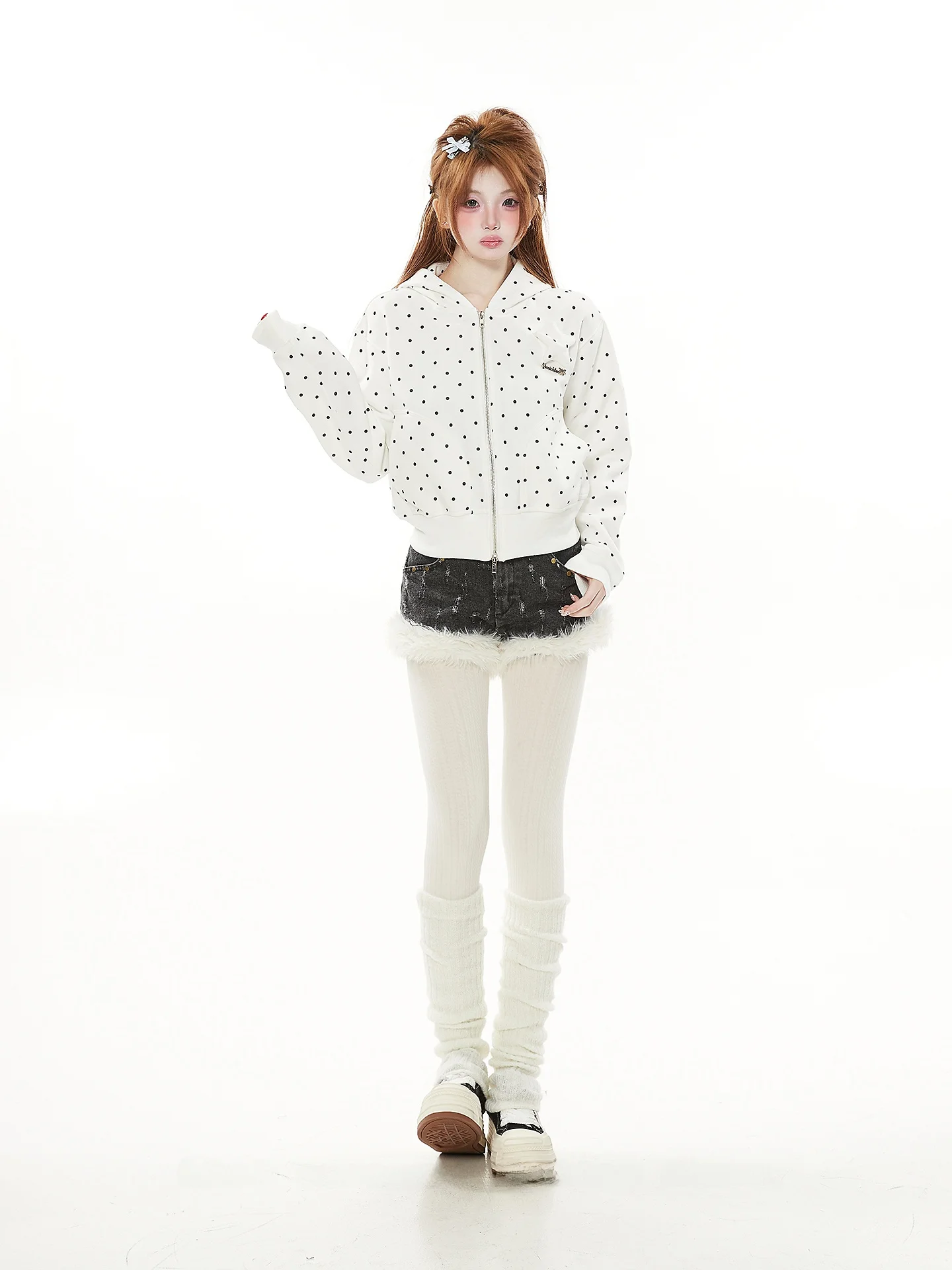 

Korean Sle Versatile Polka Dot Hoodie White Sweatirt Jaet Women's Spring Autumn ort Unique Beautiful Open Cardigan Top
