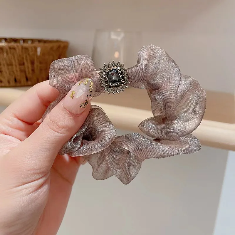 Light Luxury Pearlescent Yarn Rhinestone Large Intestine Hair Ring Korean Temperament Hair Rope Organza Quality Hair Accessories