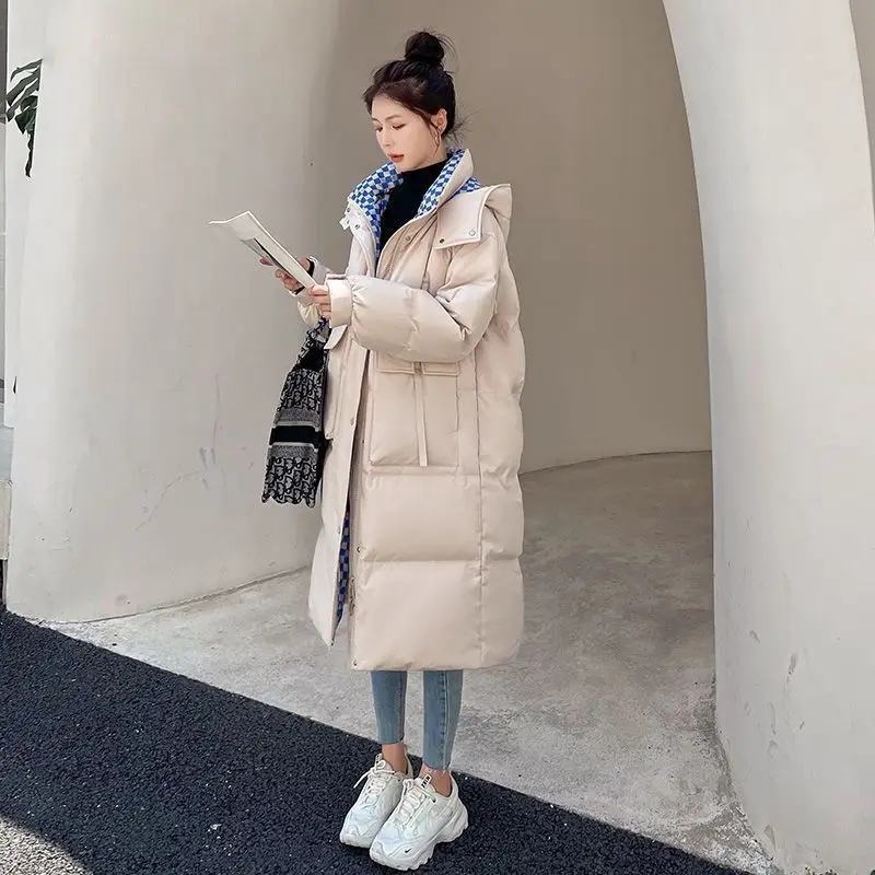 2024 Women's Long Down Cotton Jacket Hooded Color Blocked Cotton Jacket Korean Version Casual Fashion Thick Coat