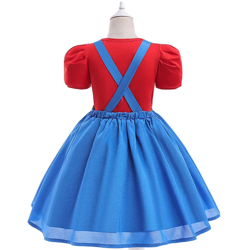 Children Girl Princess Dress Cartoon Super Mario Cosplay Costume Short Sleeve Cotton Kids Girl Birthday Party Dress