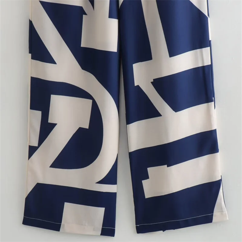 KEYANKETIAN 2024 nowa premiera damskie niebieskie białe nadruk geometryczny spodnie z szerokimi nogawkami rekreacyjne sznurowane elastyczne spodnie luźna cienka w talii