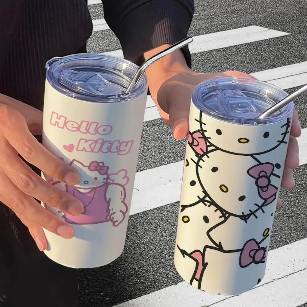 Kawaii Hello Kitty Y2K Cartoon 304 Thermos Cup Sanrio Summer Water Glass Water Bottle Anime Student Girl Heart High Quality Gift