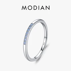 Modian Minimalism 925 Sterling Silver Simple Blue Opal Pave Setting Finger Ring Trendy Stackable Wedding Jewelry For Women Gift