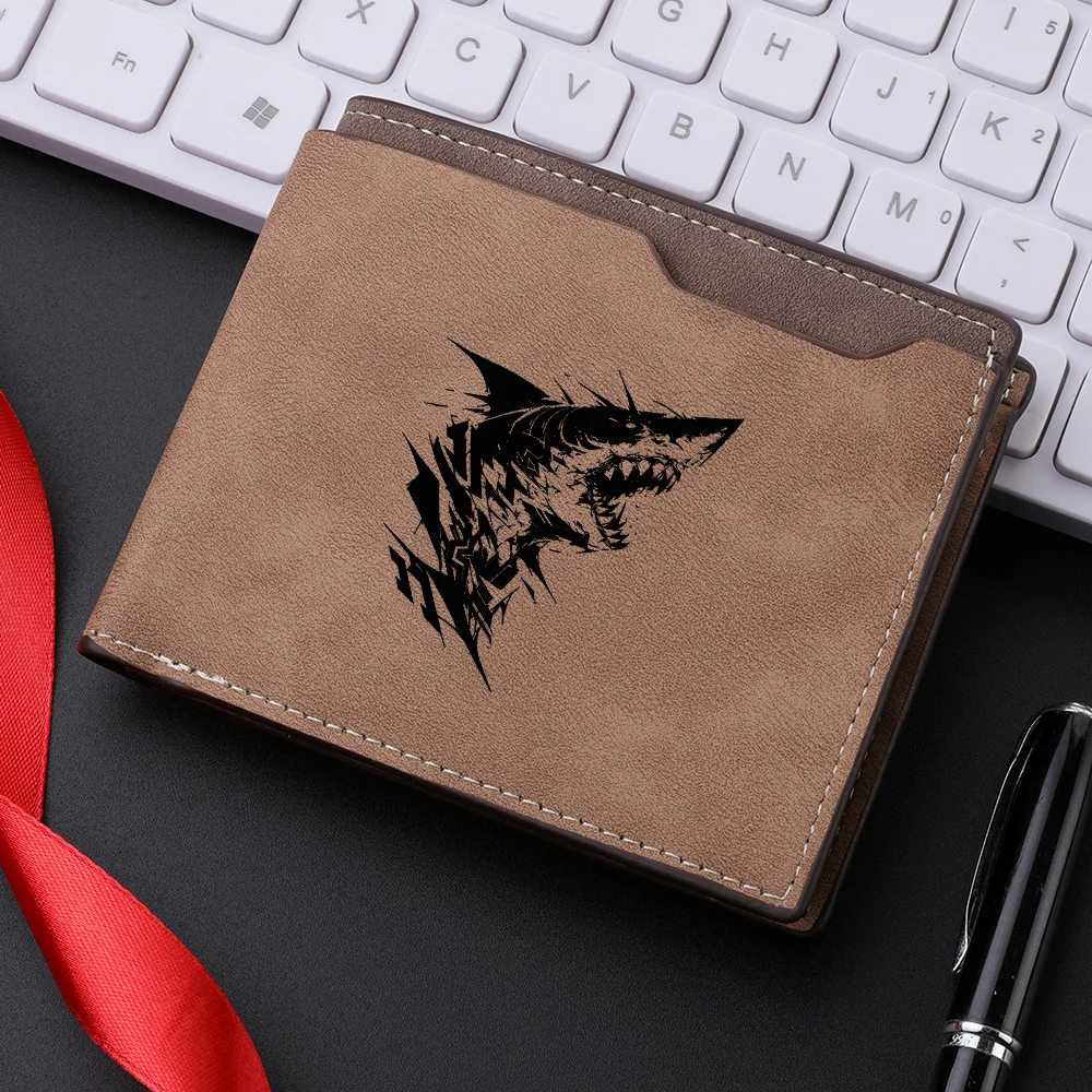 محفظة رجالية قصيرة بنمط سمك القرش من جلد البولي يوريثان بتصميم كاجوال عتيق ومحفظة متعددة الفتحات للبطاقات للطلاب الصغار