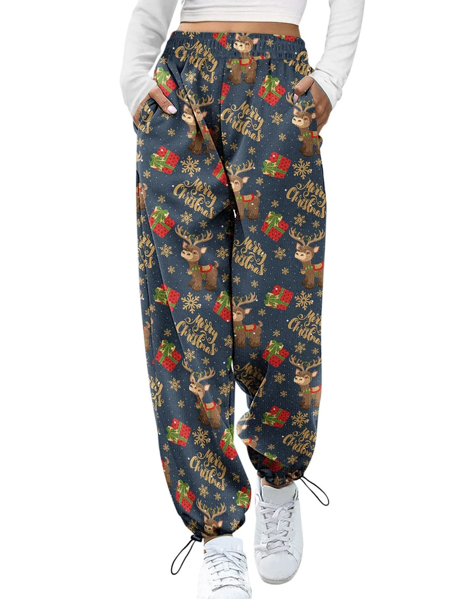 Women Christmas Pants Elk Santa Claus Print Drawstring Trousers Loose Pajamas Pants