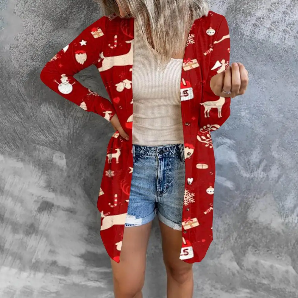 Christmas Print Women Mid-length Jacket Long Sleeve Cardigan Loose Open Front Long Cardigan Coat Christmas Women Spring Coat