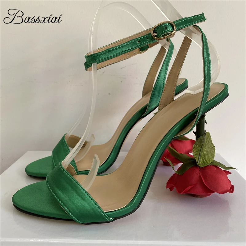 Individual Rose Flower High Heel Sandals Women Luxury Satin Ankle Strap Party Shoes For Girls Summer