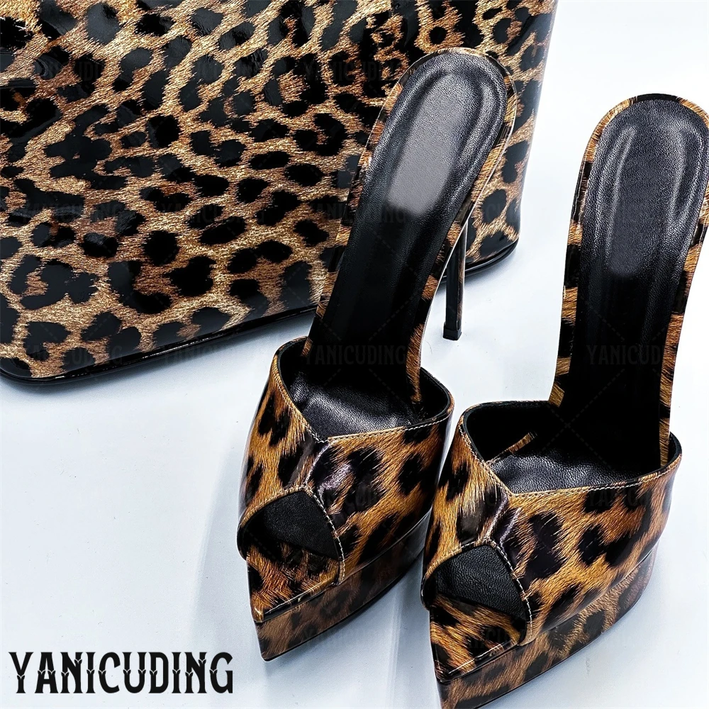 Leopard Print Patent Leather Platform Mules Sexy Pointed Toe Stilettos Fashionable Style Summer High Heeled Slippers for Women #4