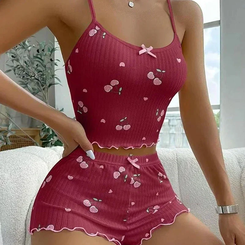 Damen-Schlafanzug-Set für den Sommer mit Herz-Print, Sexy Geripptes Crop-Top mit Schleifendekoration und Rundhalsausschnitt, Rückenfreies Cami-Top & Shorts Nachtwäsche – Detail 9