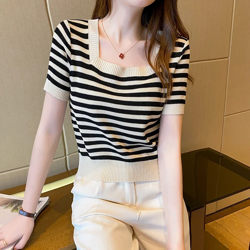 

Summer Casual Short Sleeve Striped T-Shirt Women Knitted Shirts Pullover Tops Female Elastic Knit Tee Women's T-Shirts Crop Tops