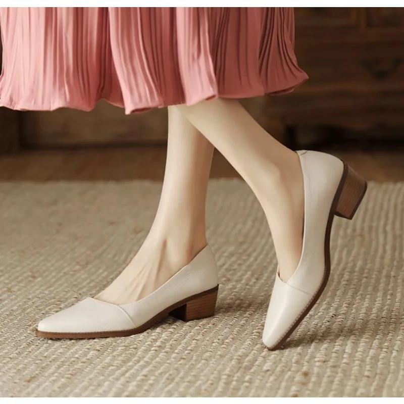 

Women's Pumps Pointed Toe Shallow Mouth Leather Shoes Women's Elegant Fashion Solid Thick Middle Heels Dress Shoes for Women