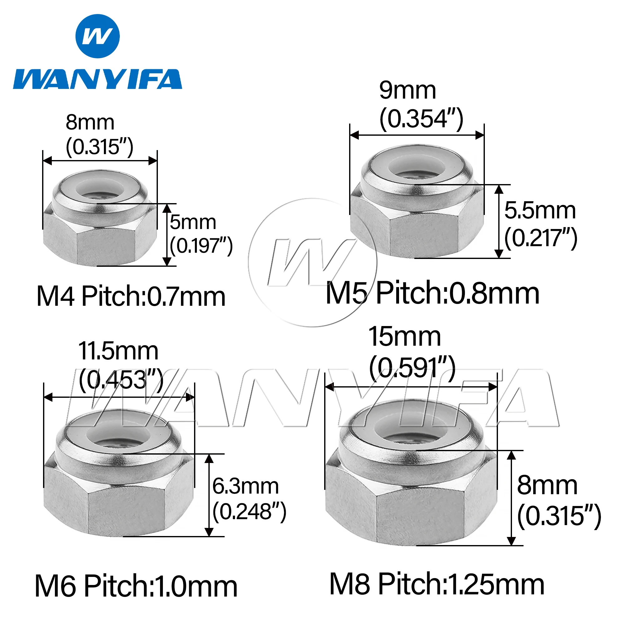 Wanyifa 6pcs Titanium Nuts M4 M5 M6 M8 External Hex Insert Nylon Lock Nuts Aerospace Ti Alloy Grade 5