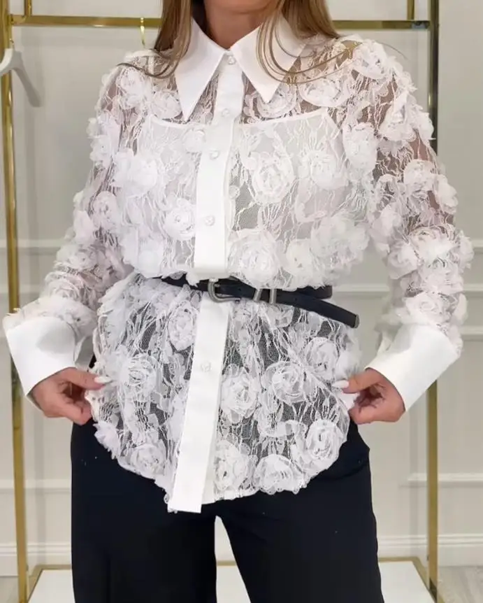

Woman Blouse 2025 Spring New Fashion 3D Floral Decor Turn-Down Collar Long Sleeve Casual Semi-Sheer Shirt Blouse Without Belt
