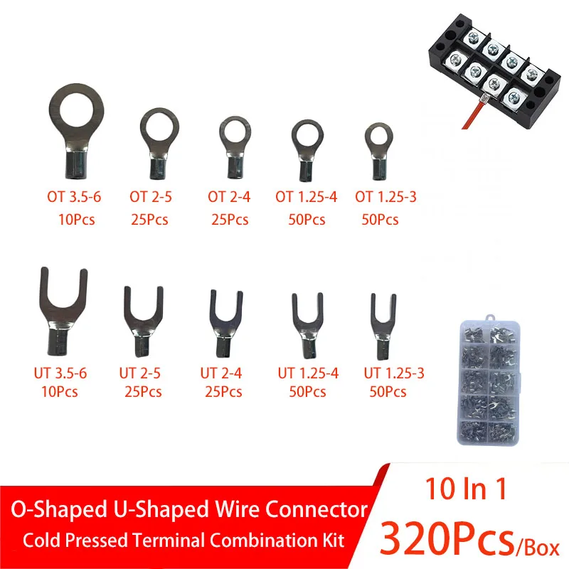 

320 Pieces/Box Non Insulated O-Shaped U-Shaped Brass Plated Terminals, 10 In 1 Combination Kit, Wire And Cable Connectors, Cold