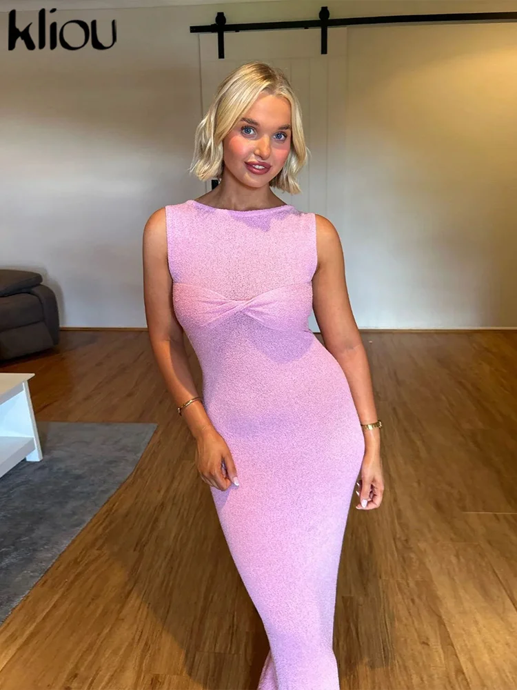 Kliou 夏リリースジュニアカジュアルニットミディドレス W24D48907 女性ピンク甘いタンクスリムソフティ Vestidos 固体エレガントなローブ