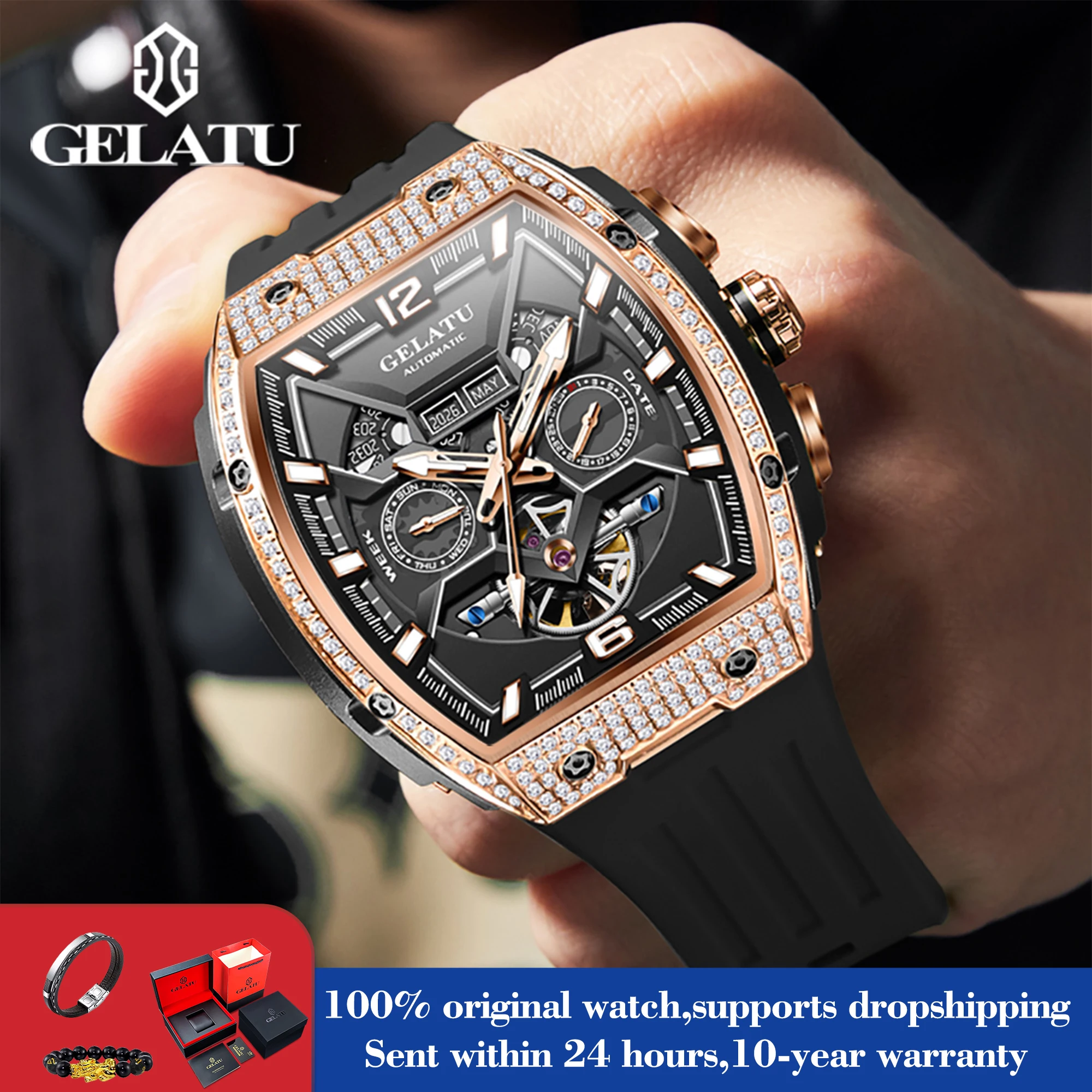 GELATU 6016 Hollow Big Dial Luxury Mechanical Watch For Men Diamond Auto Date Silicone Hand Clock 50M Waterproof Top Brand Watch