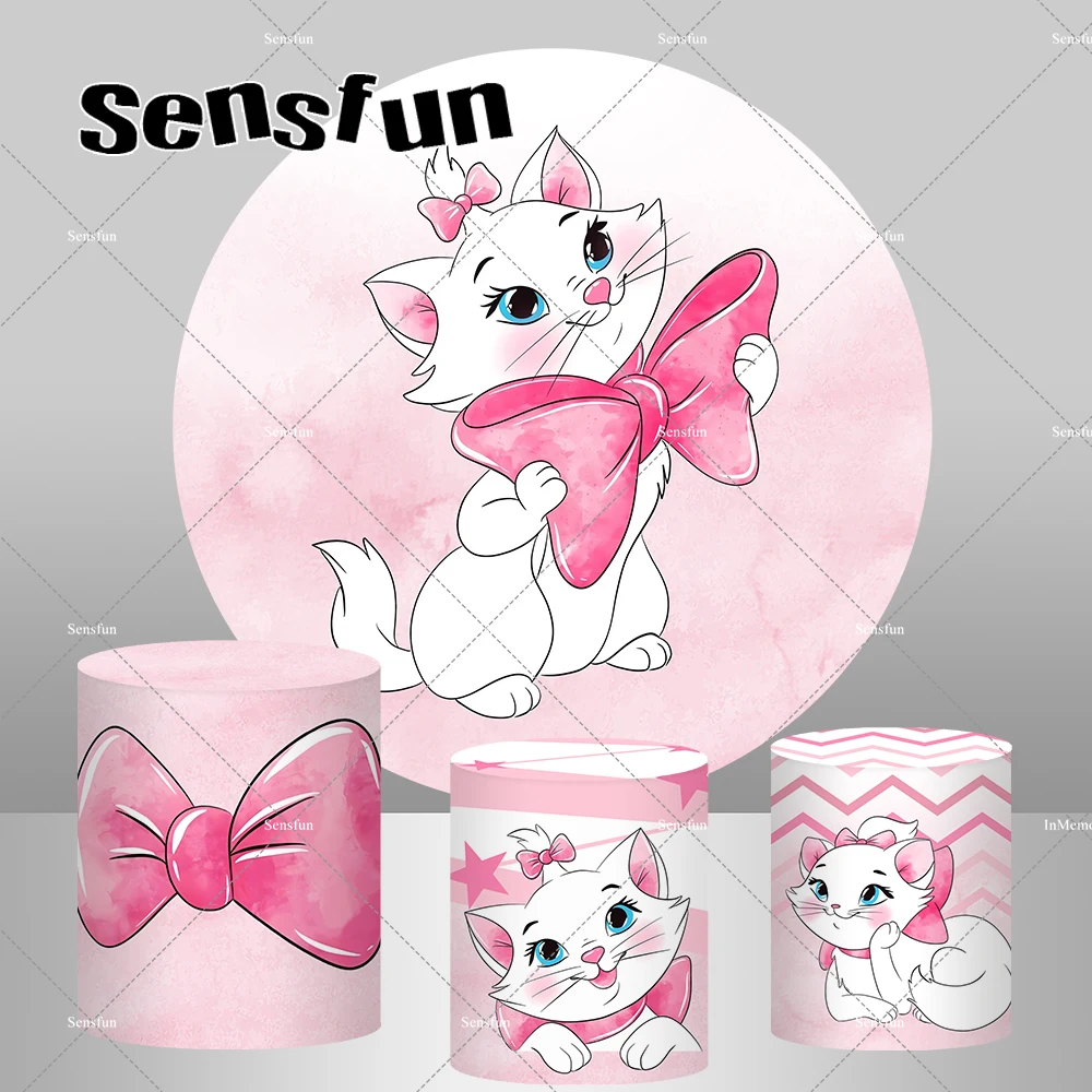 

Pink Cute Marie Aristocats Circle Round Backdrop Cover Marie Cat Baby Shower Girl Birthday Party Photography Background