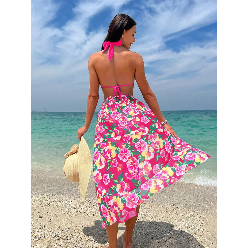 Sexy 3 Pieces Micro Bikini 2024 Women Swimsuit Female Swimwear with Floral Skirts Brazilian Beach Cover Up Bathing Suit Biquini