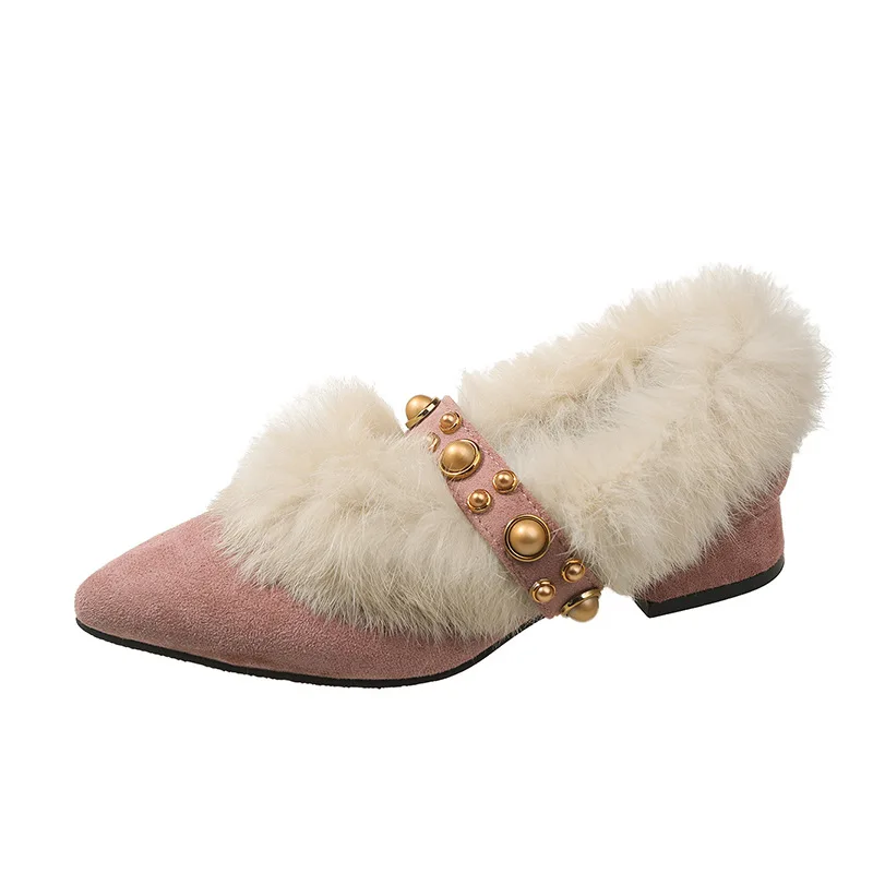 2025 Nuovo Autunno Inverno Tacchi pelosi per le donne Stile coreano Punta a punta Slip On Tacco medio grosso Foderato in pile Scarpe calde