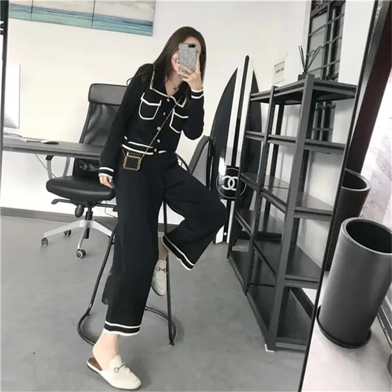 Elegant Knitted Pants 2 Piece Set Women Korean Fashion Cardigan Conjuntos Spring Casual Ankle-length Wide Leg Pantalones Outfits