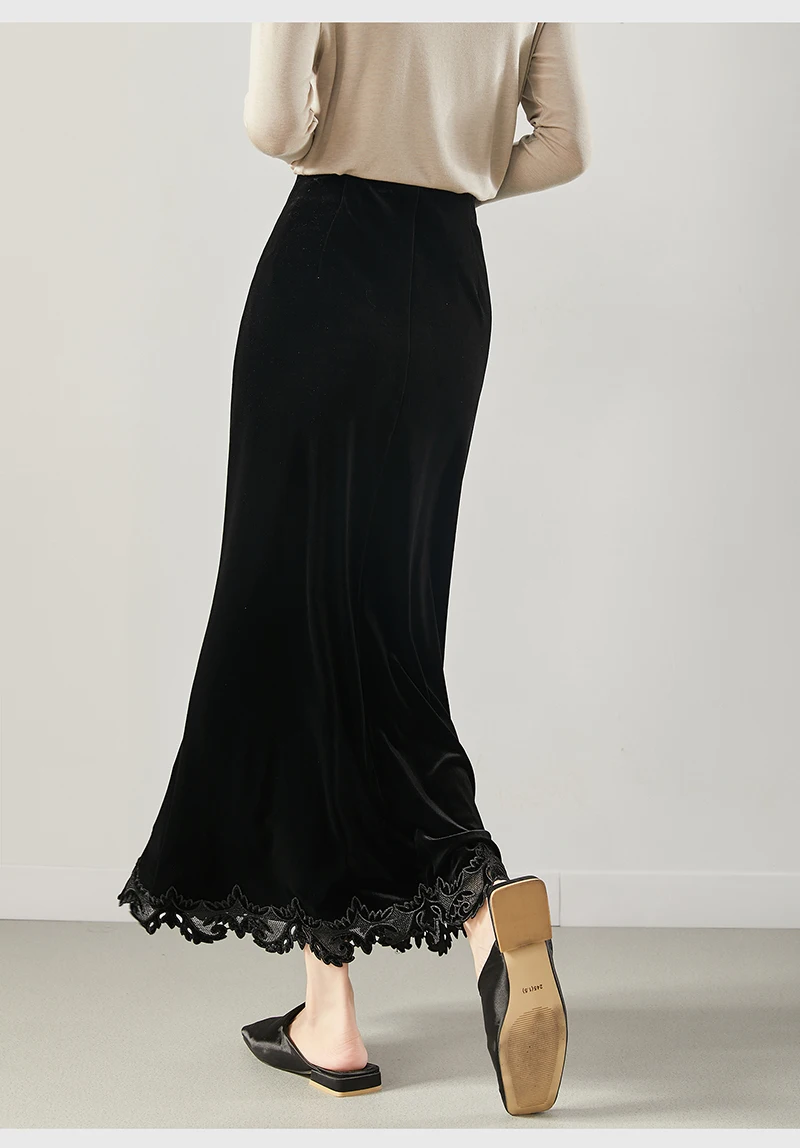 Vestido largo hasta el suelo cosido con borde de encaje de media longitud de terciopelo de seda para mujer con estilo de cola de pez, elegante, romántico, informal y lujoso.