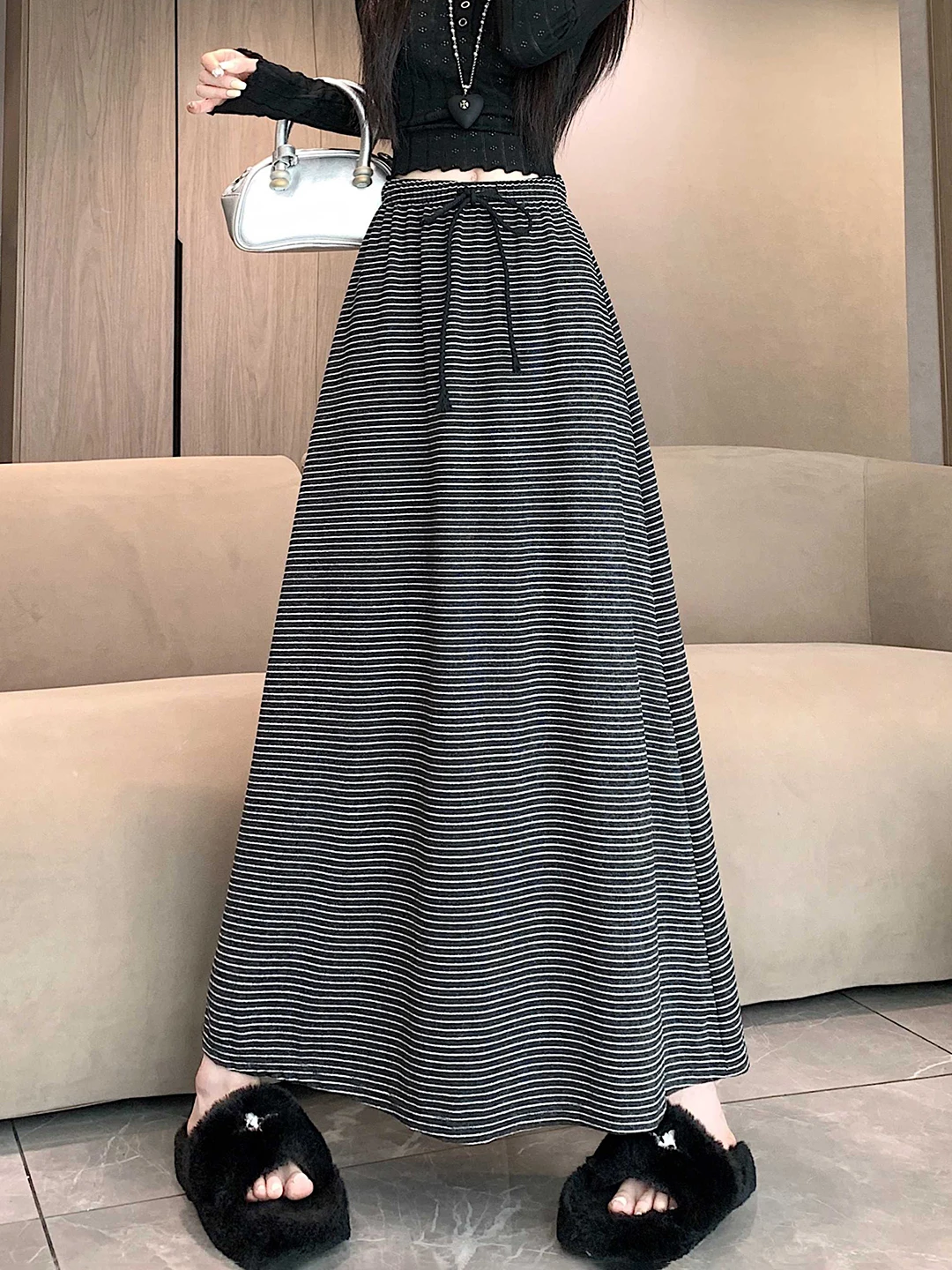 

High Waist Dstring Design f Skirt Women's Spring Autumn New Sle Midi A-Line Long Skirt Korean Lazy Stripe Skirt