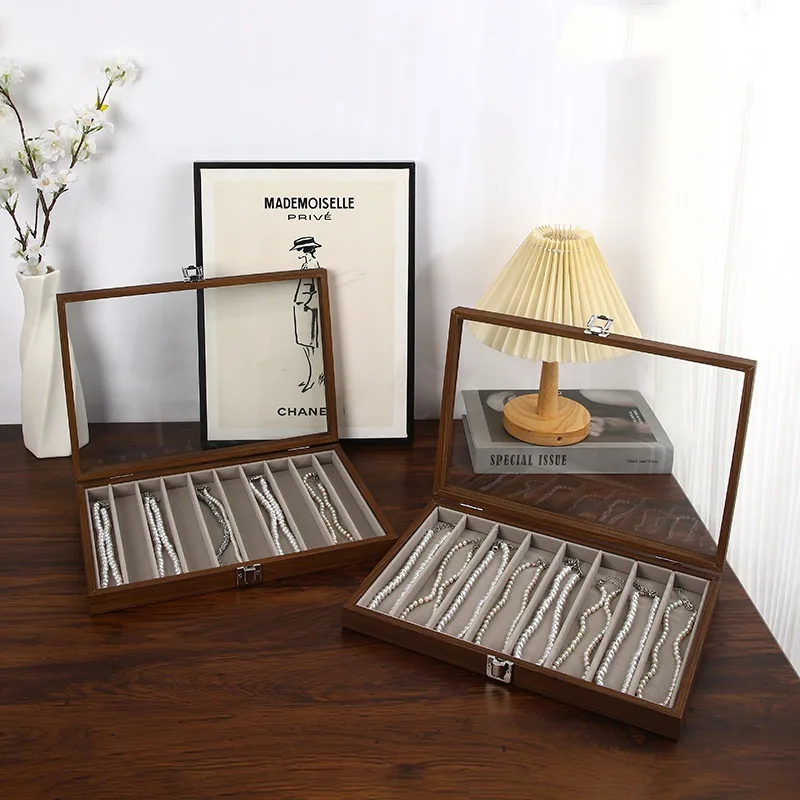 Walnut Wooden Jewelry Storage Box with Lid Dustproof Necklace hick Neck Chain Display Case Transparent Jewelry Organizer