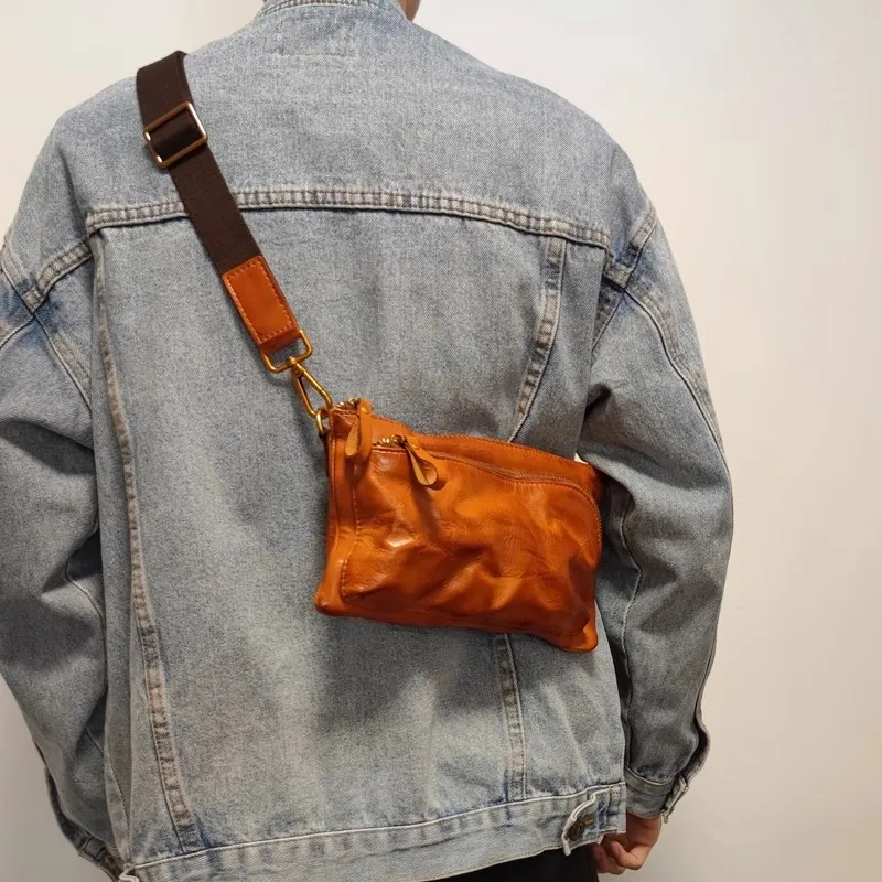 Vintage naturalna, plisowana męska mała torba crossbody z prawdziwej skóry, designerska, codzienna, lekka, luksusowa torba na ramię z prawdziwej skóry bydlęcej