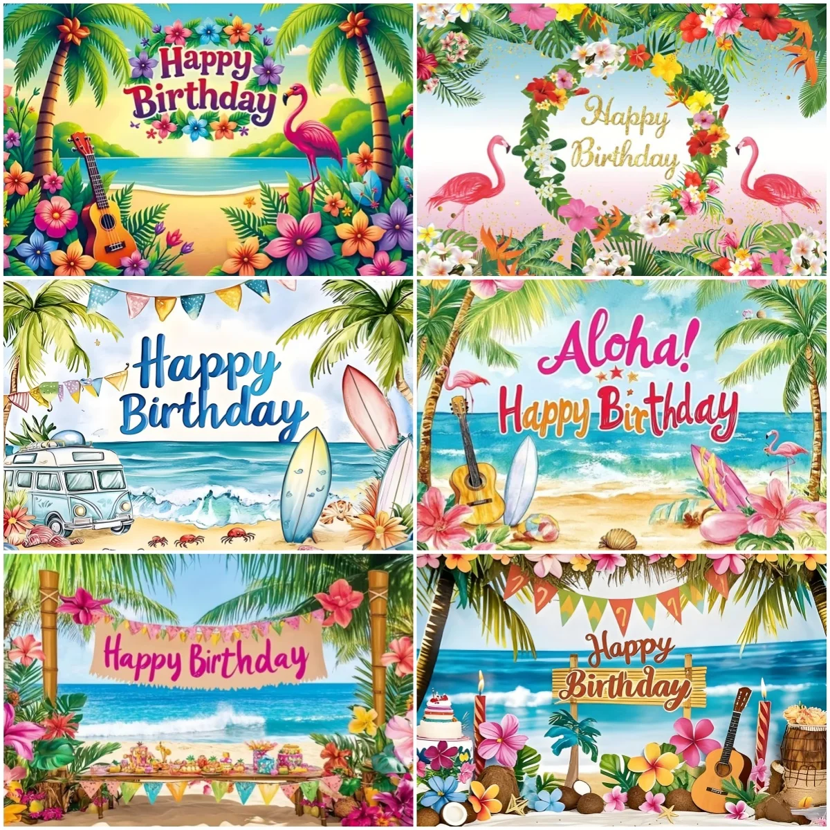 

Summer Hawaii Beach birthday decorations Party backdrop Flamingo Photography Banner Kids Adult Birthday Party Background Props