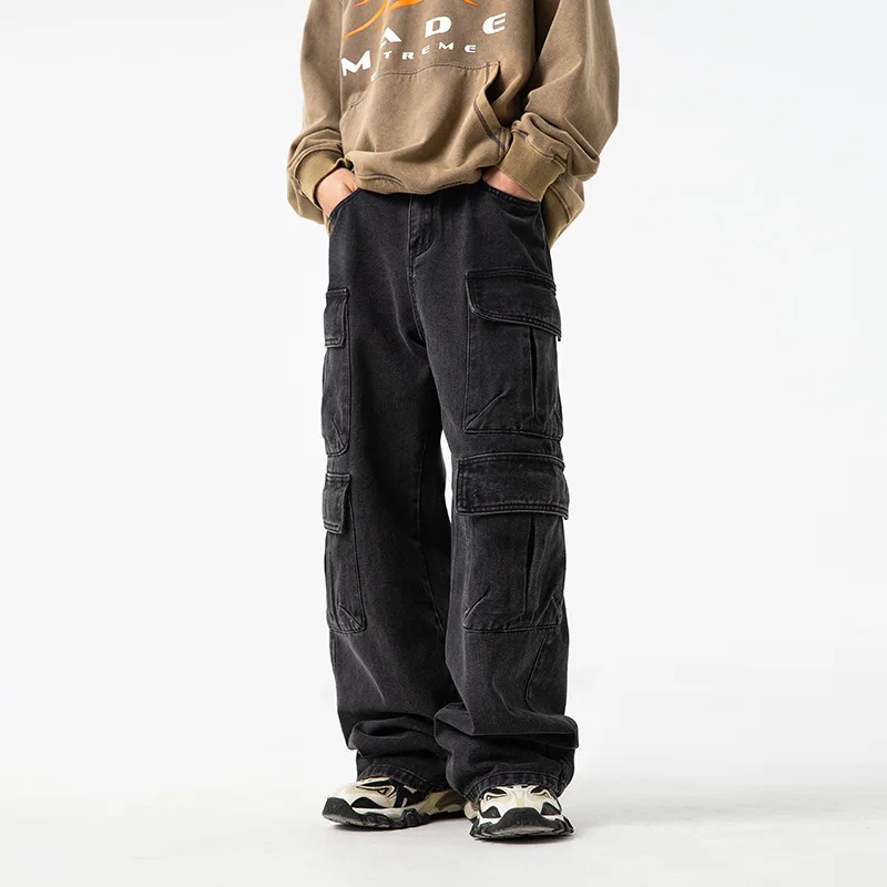 

Винтаж 2025 г., новые модные мужские повседневные модные свободные широкие джинсовые брюки-карго в японском стиле с несколькими карманами, мужские джинсовые брюки