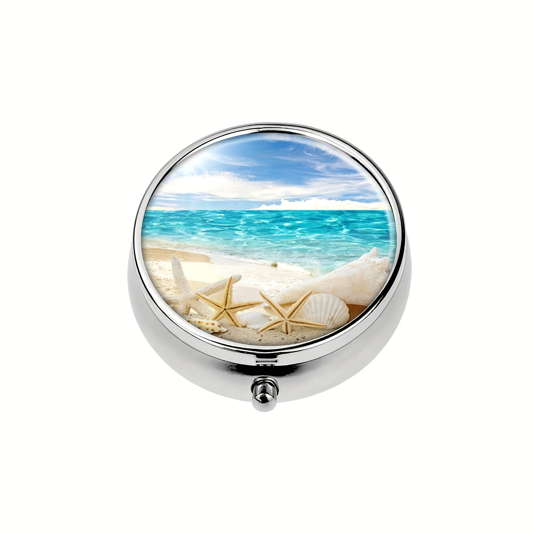 Beautiful beach round pill box,3 compartments mini decorative pocket wallet portable travel tablets vitamin holder organizer box