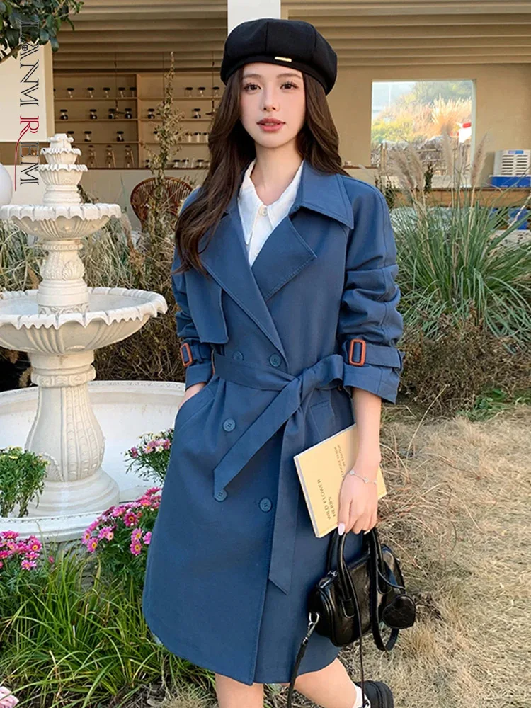 

LANMREM Blue Office Lady Trench Coat Women Lapel Double Breasted Mid Length Windbreaker Fashion 2024 Autumn New Clothing 2AA5241