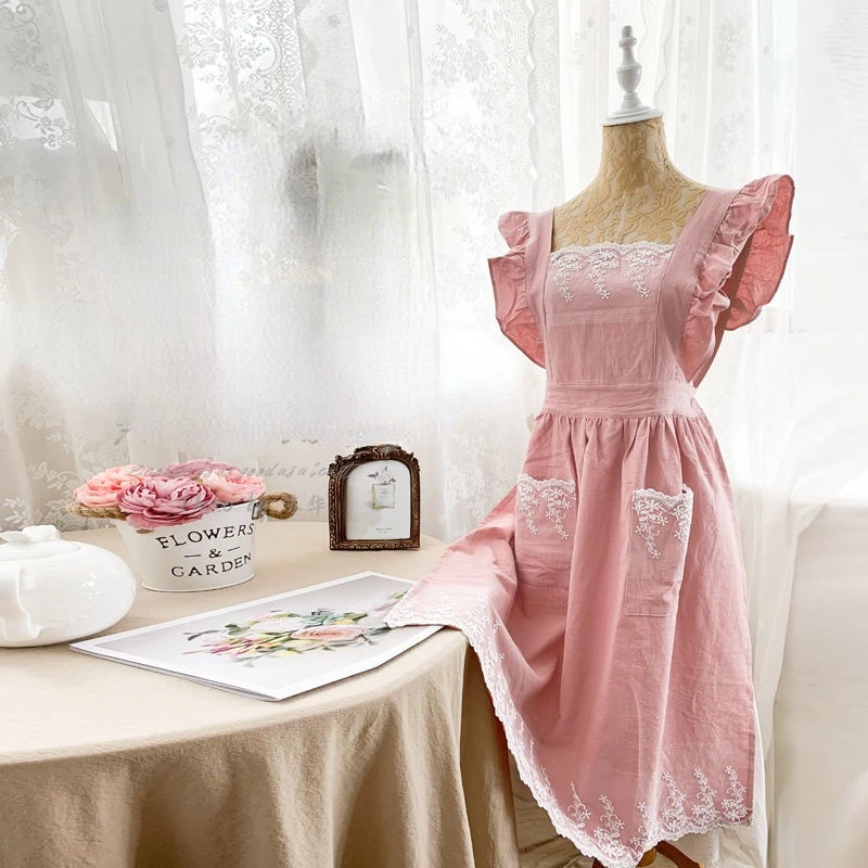 New Apron Women\'s Work Clothes Fashion High-end Smock Kitchen Home Lace Out Princess Pink Apron Apron Kitchen Maid Apron