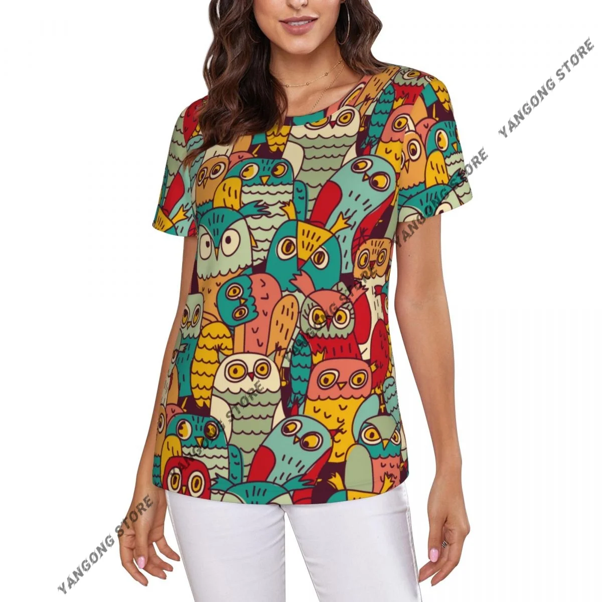 

Women's T-shirt Funny Owls Group Color Seamless Pattern Tshirt Women Casual O-Neck Short Sleeve Tops Tees Clothing