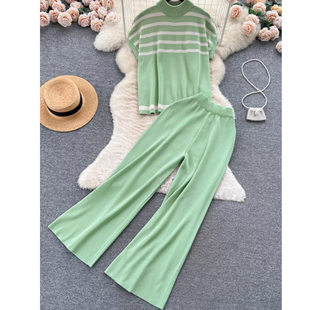 2024 New Elegant 2-piece Sets For Women Sweater Casual Pullovers Suits Knitted Loose Striped Sleeveless Tops Wide Leg Pants Sets