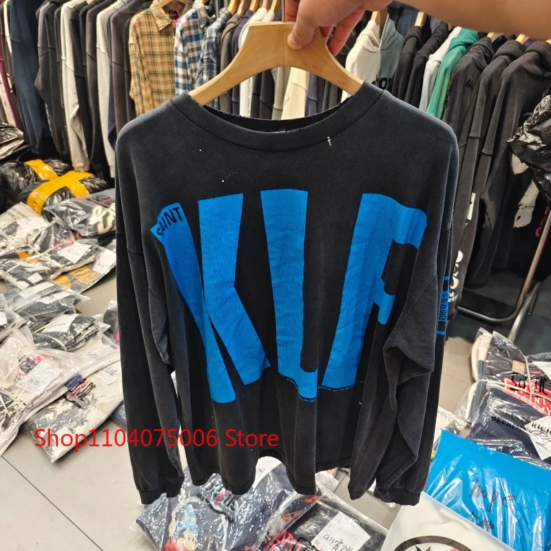 

KLF футболка из чистого хлопка с принтом трещин, мужской пуловер с круглым вырезом и длинными рукавами, осенне-зимняя повседневная одежда