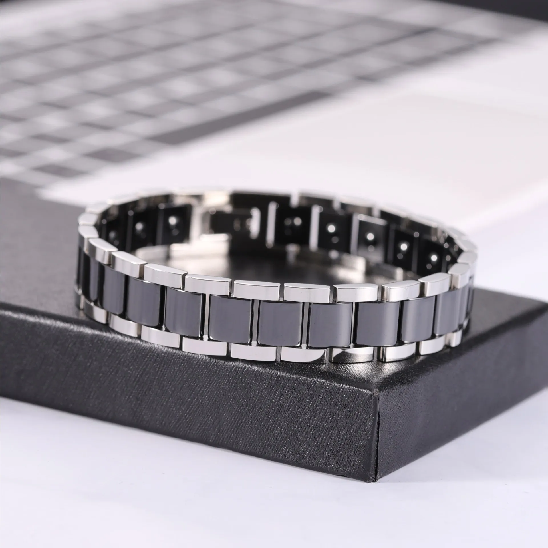 ARADOO Ceramic Titanium Steel Power Bracelets Square Zirconia Ceramics Hematite Magnetic Wristband for Men