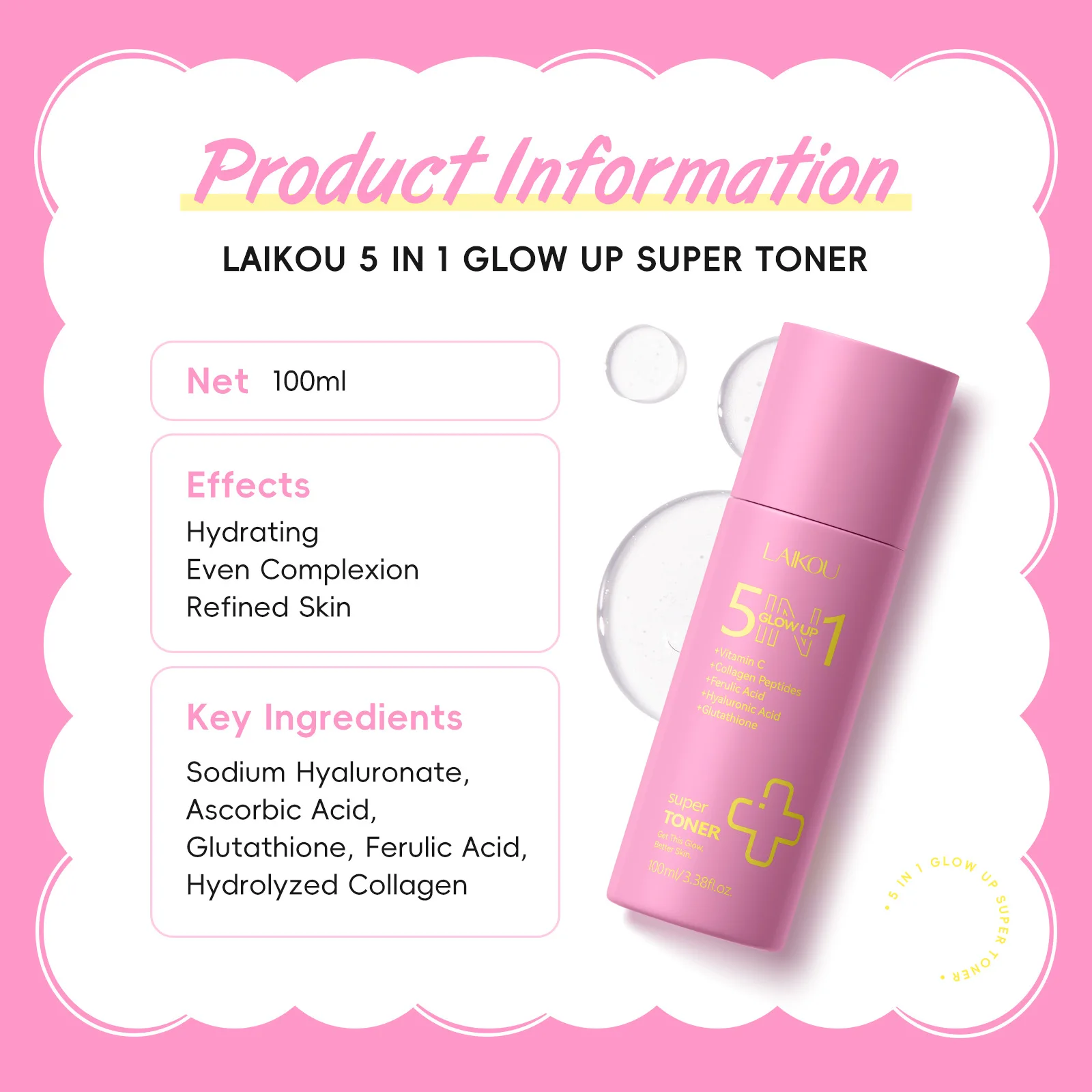 

LAIKOU 100ml 5 in 1 Hydrating Toner, Brightening Glow Face Water for Daily Use, Pore Minimizing Wet Compress Radiance Skin Care