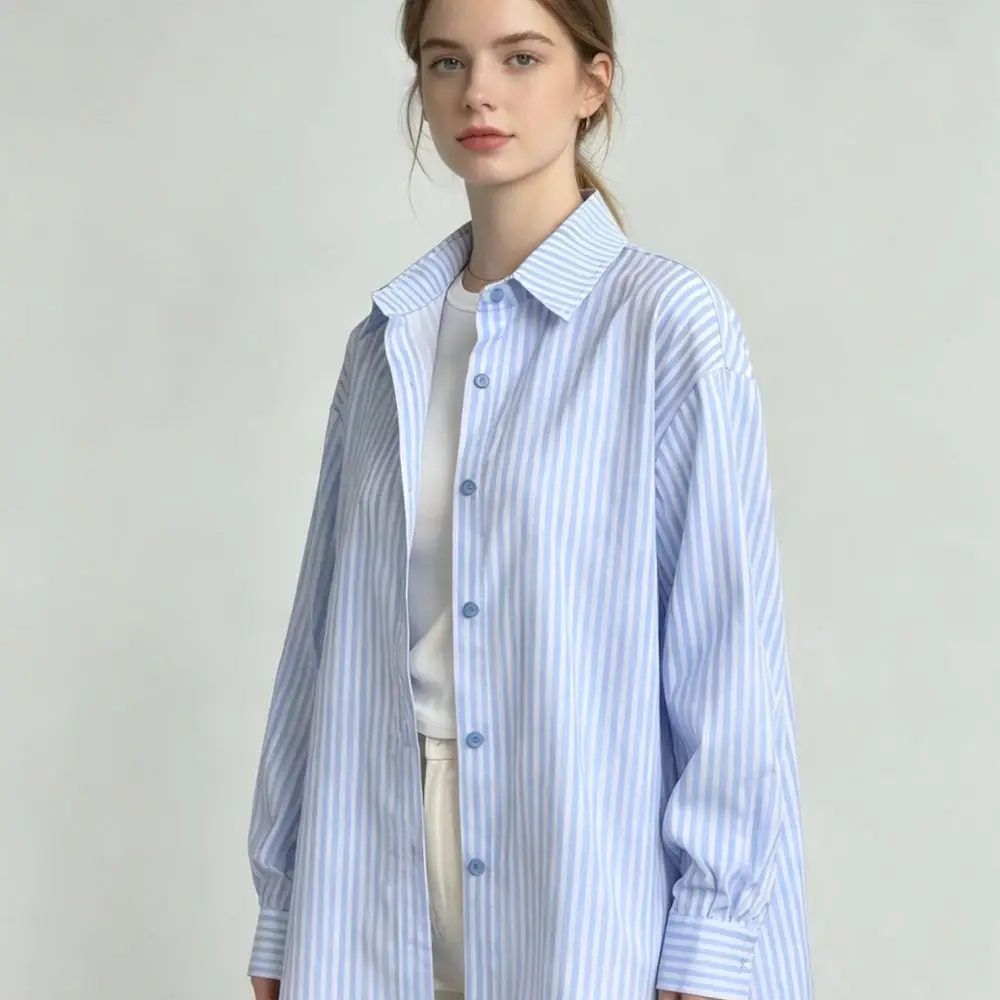 Comfortable Cotton Striped Shirt Women Long Sleeve Loose Casual Blouse Simple Office Wear Chic Elegant Work Tops