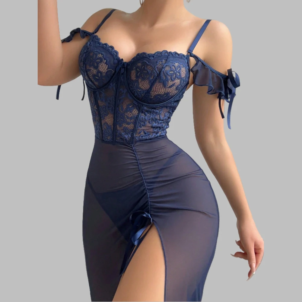 

Women V Neck Spaghetti Strap Lace-up Comfortable Sleepwear Sheer Mesh Solid Color Soft Bodysuit Slit Lingerie Sets Piece Pajamas