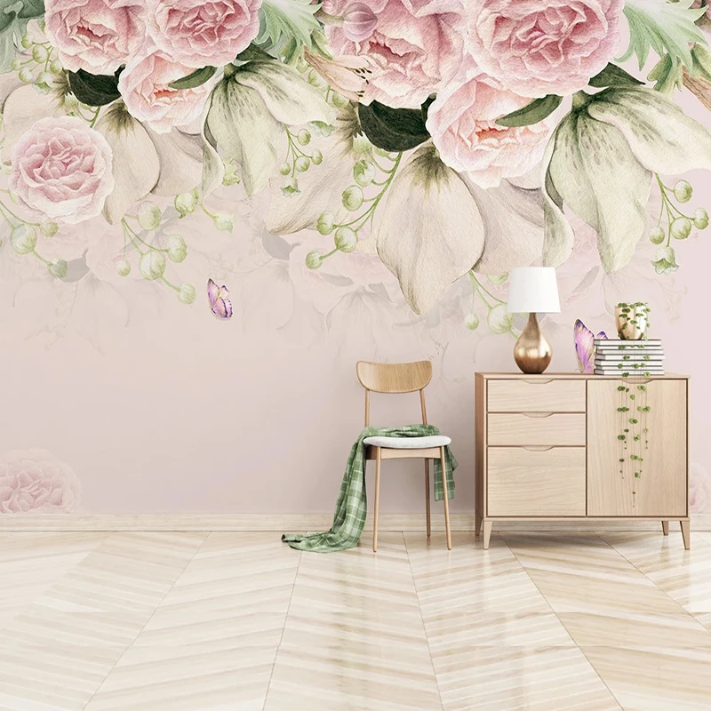 

Custom 3D Murals European Style Pastoral Pink Flowers Butterfly Wallpaper Living Room Sofa Bedroom Fresco Wall Papers Home Decor